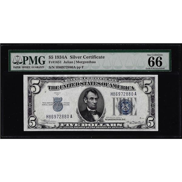 1934A $5 Silver Certificate Note Fr.1651 PMG Gem Uncirculated 66EPQ