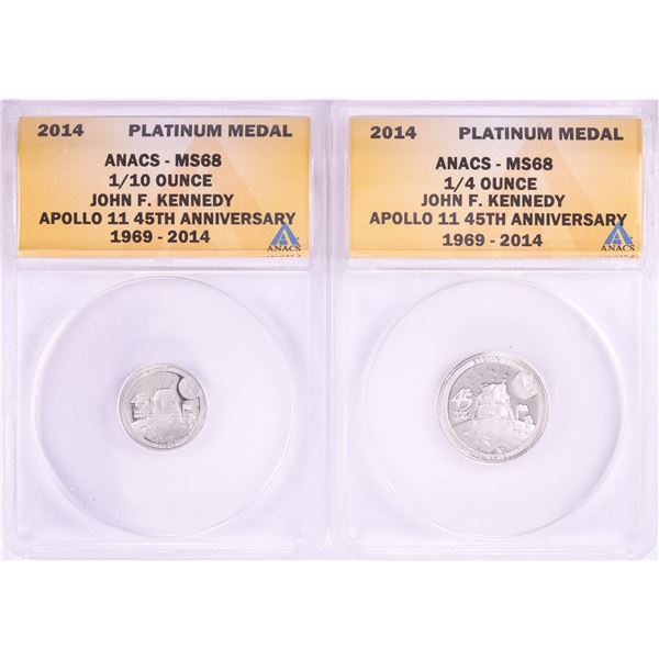 Set of 2014 Proof 1/10 & 1/4 oz Platinum JFK Apollo 11 Anniversary Medals ANACS MS68