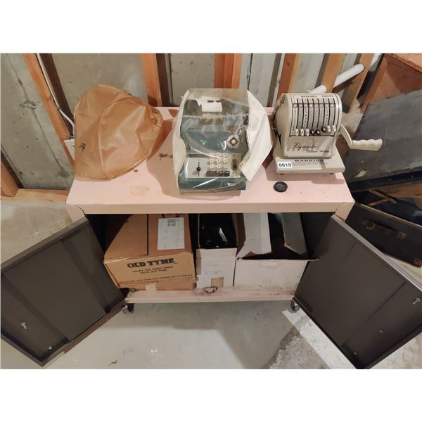Rolling Cabinet with Paymaster Ribbon Writer and Antique Olivetti Cash Register