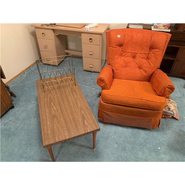 Vintage Orange Recliner, Side. Table and Magazine Rack