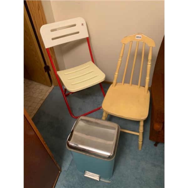 Vintage Garbage Can, Lamp and Two Chairs