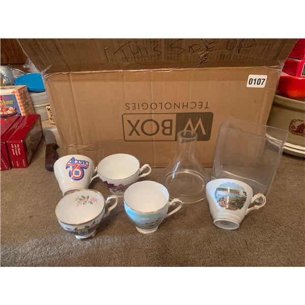 Box of Assorted China & Two Vases