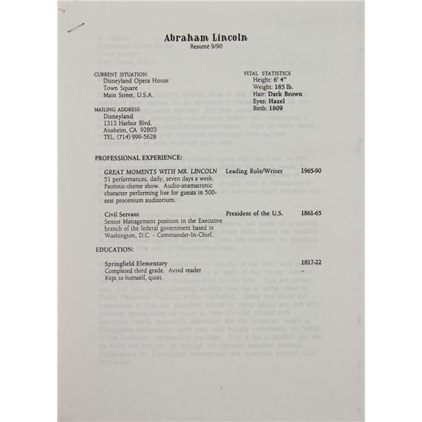 Abraham Lincoln Gag Resume and HR Letter.