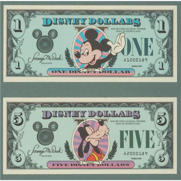 Disney Dollar First Day of Issue Matching $1 and $5 Notes.