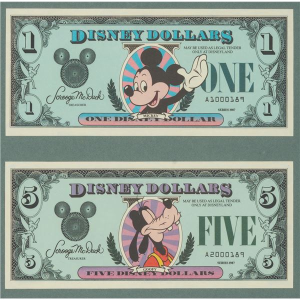 Disney Dollar First Day of Issue Matching $1 and $5 Notes.