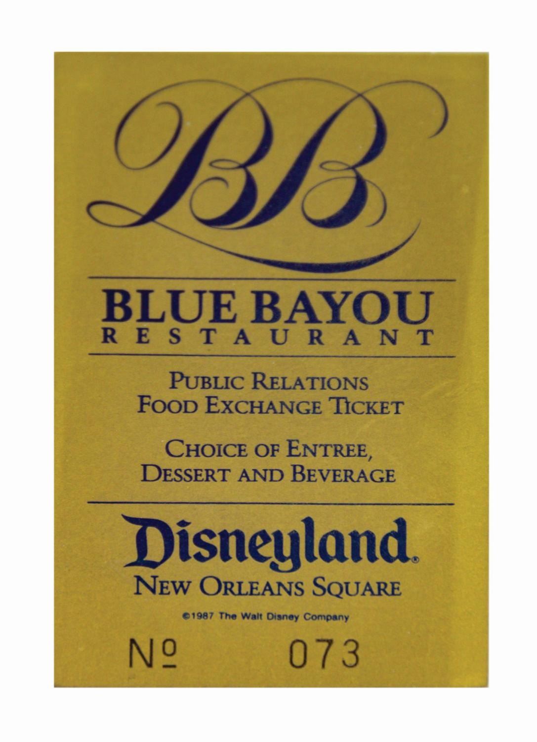 Blue Bayou Restaurant Meal Ticket.