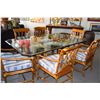 Image 1 : McGUIRE BEVELED GLASS TOP TABLE W/6 ARM CHAIRS (SMALL CHIP)