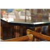 Image 4 : McGUIRE BEVELED GLASS TOP TABLE W/6 ARM CHAIRS (SMALL CHIP)