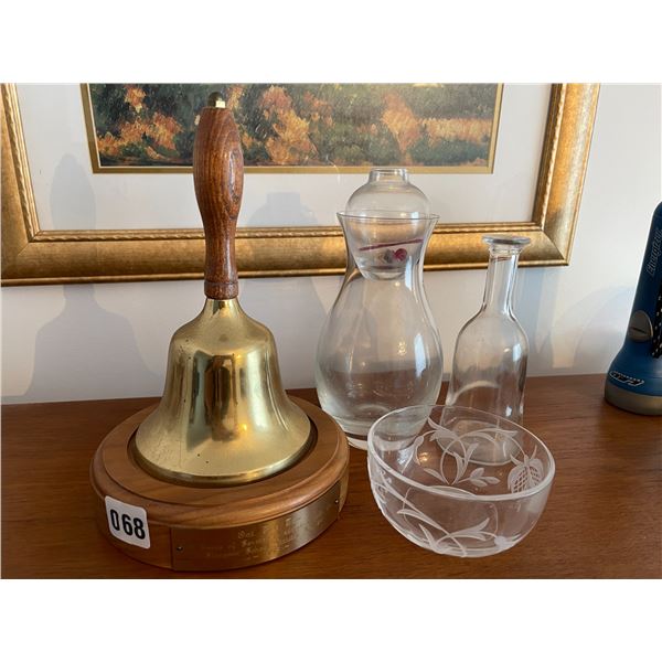 Brass School Bell with Crystal Etched Bowl Flower Design - 2 Decanters