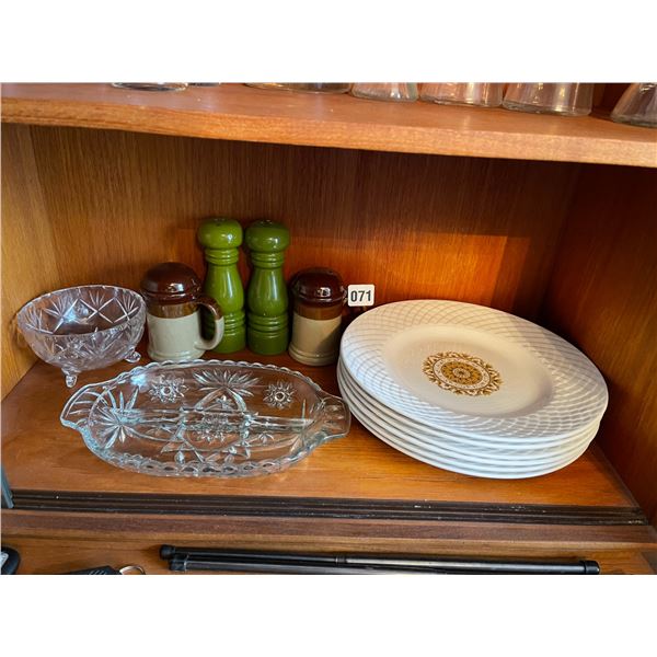 6 Gold Medallion Enoch Wedgwood Plates - 4 Salt & Pepper Shakers - Crystal Bowl & Platter