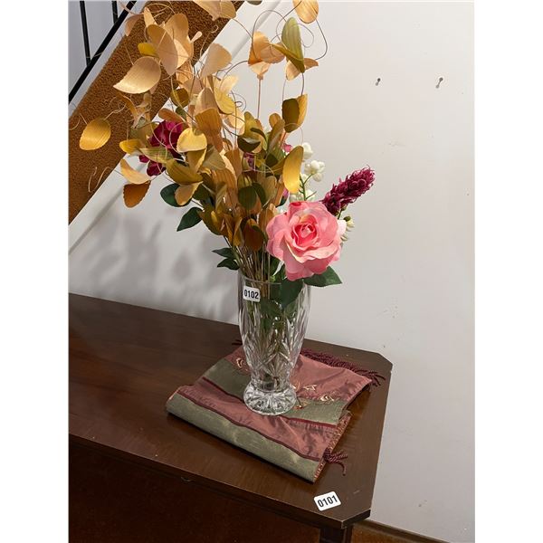 Beautiful Silk Table Runner with Large Crystal Vase (12") & Artificial Flowers