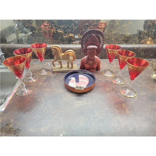 6 Fancy Red & Gold Goblets - Trojan Horse Decoration - Bali Carving - Ashtray