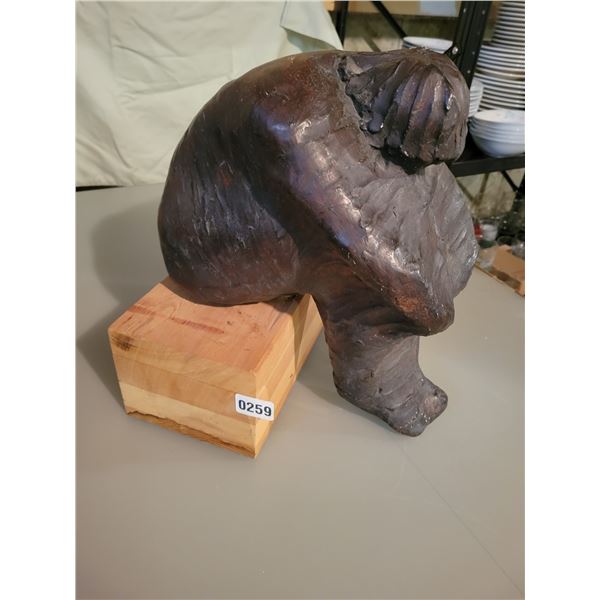 Plaster Statue of a Person Hunched Over in a Thinking Position (Plaster & on Wooden Base)