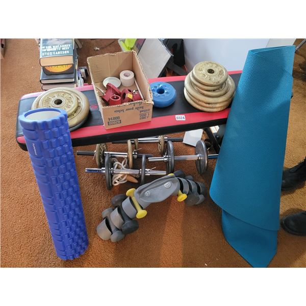 Mixed Free Weights - Lifting Bench - Yoga Mat - Roller - Jump Rope