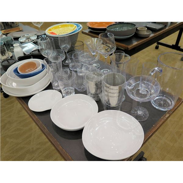 Multiple White Serving Dishes, Bowls, Glassware, Wood Plate, Metal Bowl, etc