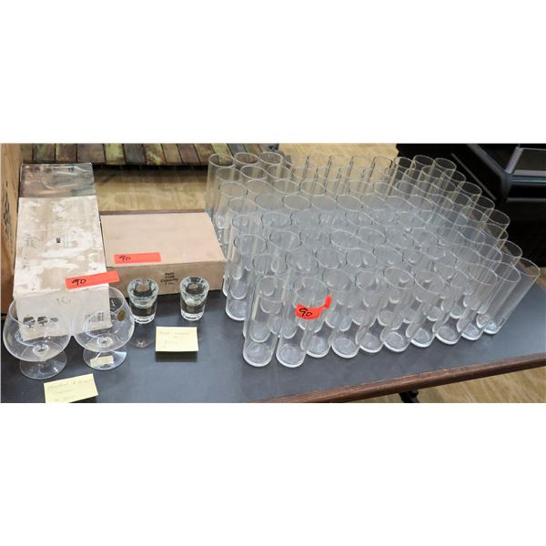 Multiple Misc Glassware: 4 Snifters, 8 Shot Glasses & Approx. 70 Tall Tea Glasses