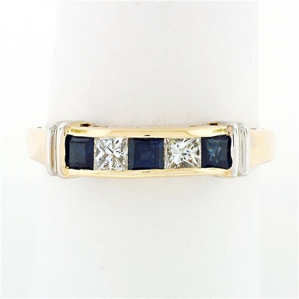Estate 14K Two Tone Gold 1.15 ctw Square Channel Set Sapphire & Diamond Band Rin