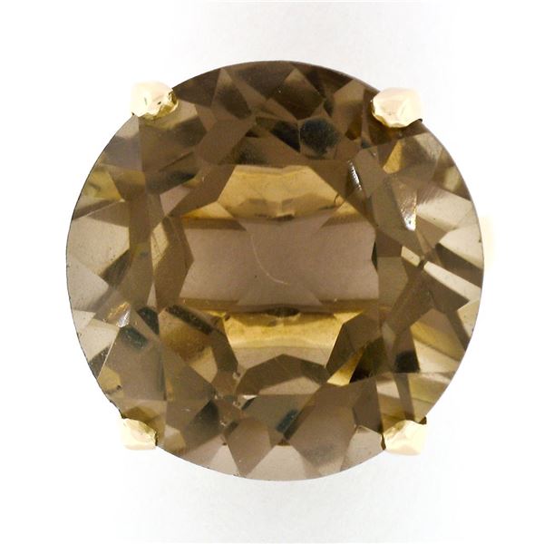 Vintage 14K Gold Large Round Smoky Quartz High Profile Solitaire Cocktail Ring