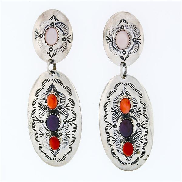 Vintage Designer Sterling Silver Mother of Pearl & Coral Long Dangle Earrings