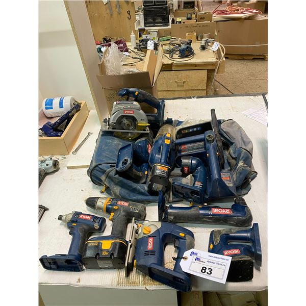 LARGE LOT OF ASSORTED RYOBI CORDLESS POWER TOOLS INCLUDING RECIPROCATION SAW, JIB SAW, 10" CHAIN