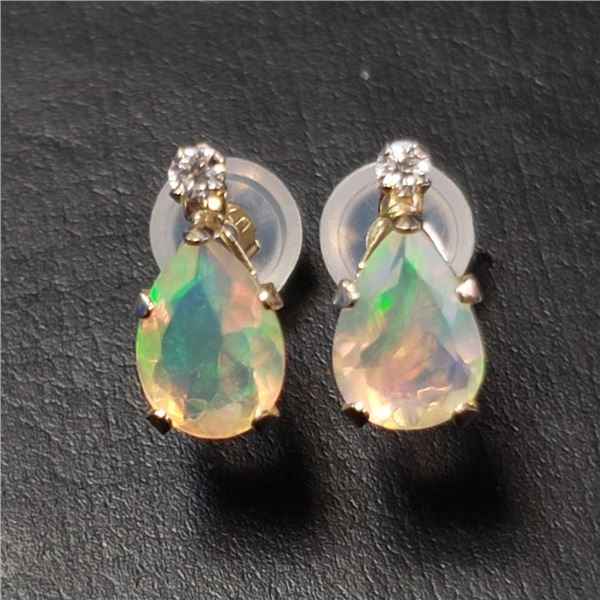 10K Yellow Gold Opal(1.1ct) Moissanite(0.05ct) Earrings (~Size )(Ring is resizable for $40) (~length