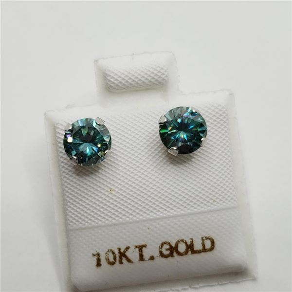 10K White Gold Vivid Greenish Blue Moissanite(1.5ct) Earrings $1500