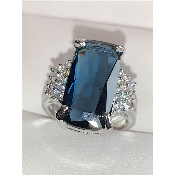 Blue Topaz Emerald cut oversized 2.8 Carat Solitaire cluster top dress ring ladies size 7