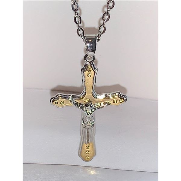 Sterling silver & tone gold cross pendant and chain set