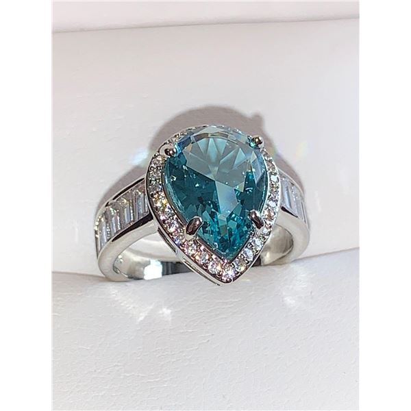 Blue citrine Aqua Tear Drop solitaire 1.5 carat with bezel set stones in band ladies dress ring size