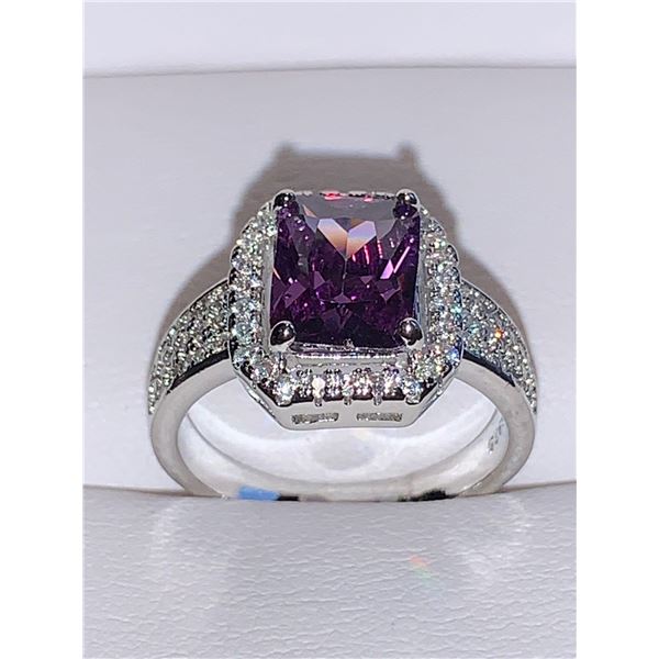 Ladies .925 Stamped silver emerald cut amythest solitaire stone dress ring size 7