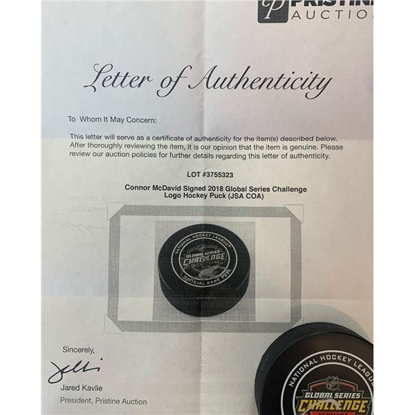 Conner McDavid Signed 2018 Global Series Challenge Logo Puck