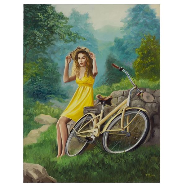 Taras Sidan- Original Giclee on Canvas "Woman Riding Bicycle in Park"