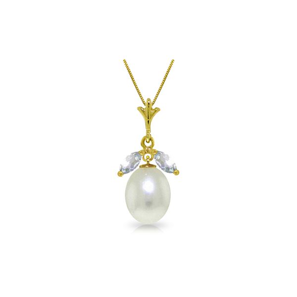 Genuine 4.5 ctw Pearl & Aquamarine Necklace 14KT Yellow Gold - REF-24T5A