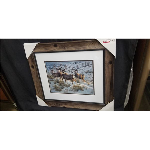 FRAMED MULE DEER BUCKS PRINT BY CYNTIE FISHER 27"W X 23"H SLIGHT FLAW IN THE FRAME SEE PHOTO