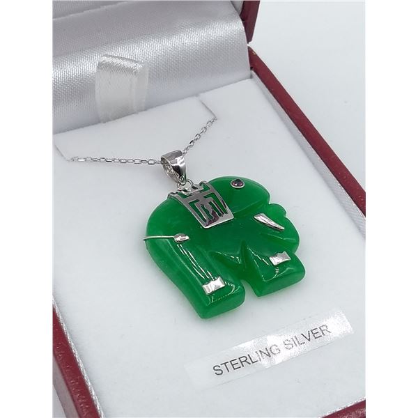 Sterling Silver genuine Jadeite (14.77cts) & Synthetic Ruby  Elephant  Pendant with Sterling chain,