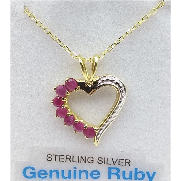 Sterling Silver Yellow Gold plated genuine Ruby heart Pendant with Sterling chain, 7 Rubies (0.3cts)