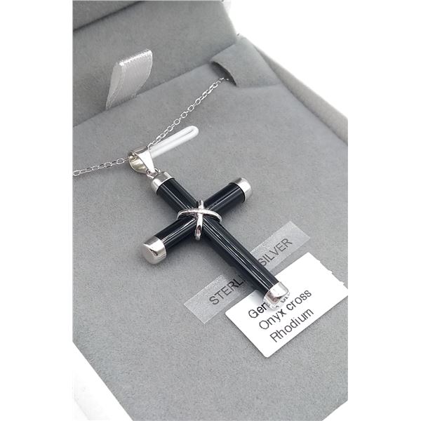 Sterling Silver genuine Black Onyx Cross Pendant with Sterling chain, 6cts of Black Onyx, W/A $545.0