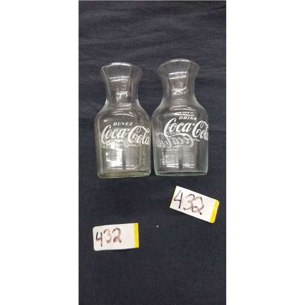 2 SMALL GLASS COCA COLA VASES