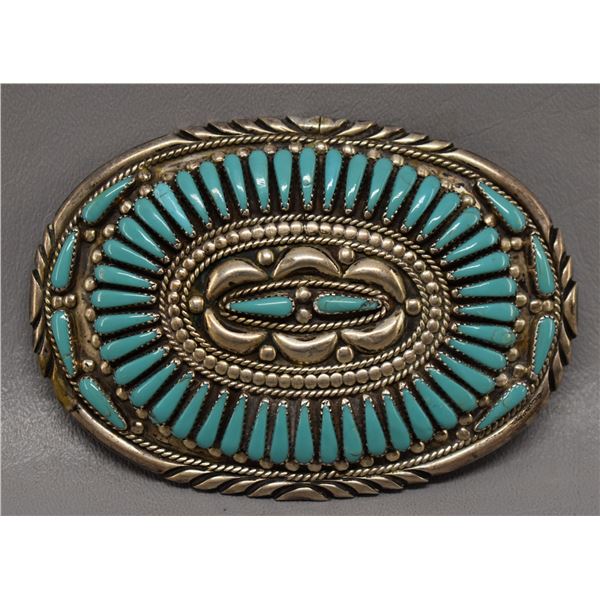 NATIVE AMERICAN NAVAJO SILVER AND TURQUOISE BELT BUCKLE SIGNED LP