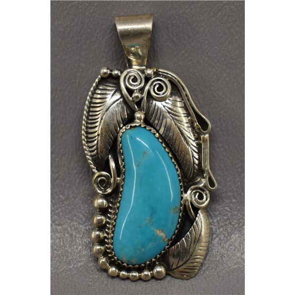 NATIVE AMERICAN NAVAJO SILVER AND TURQUOISE PENDANT SIGNED FY