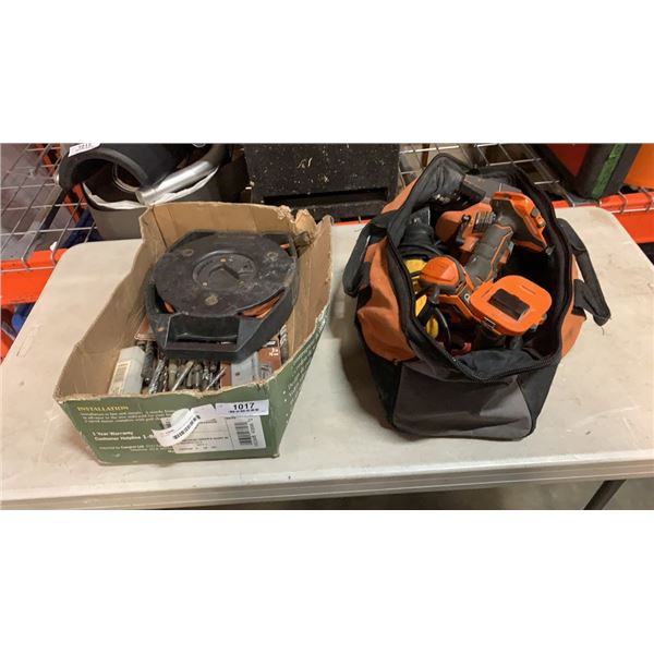 BOX AND TOOLBAG WITH DRILL BITS, EXTENTION CORD REEL, DEWALT SAWZALL, RYOBI CORDLESS TOOLS