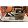 Image 1 : 2 BOXES OF SHOP TOOL, SUPPLES, LEATHER CAMERA BAG AND MORE