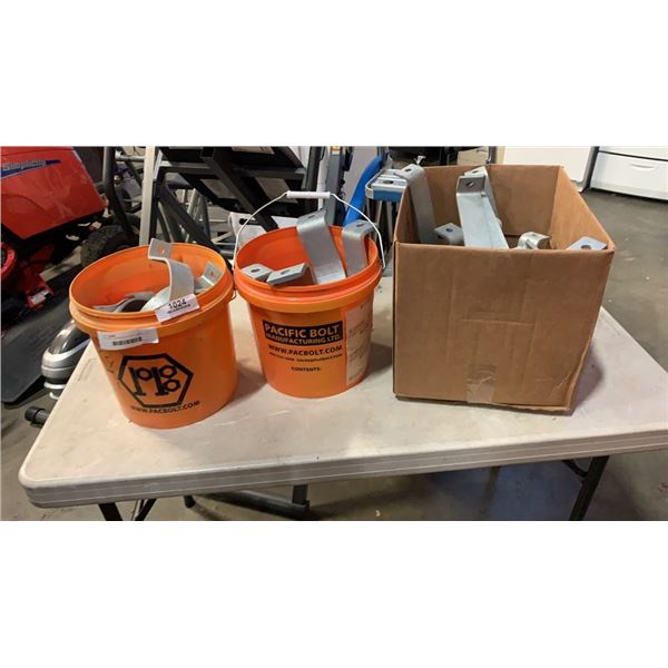 BOX AND 2 BUCKETS OF PIPE CLAMPS - 5.5 - 14 INCH WIDE