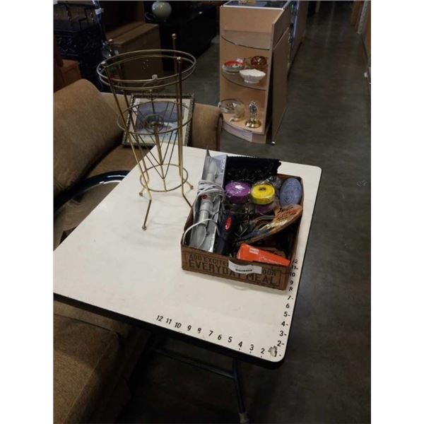 BRASS STAND AND TRAY OF ESTATE GOODS, RESPIRATOR FILTERS