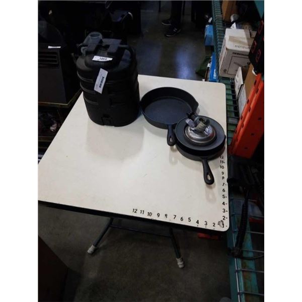 2 CAST IRON FRYING PANS AND WOODS CAMP LANTERN