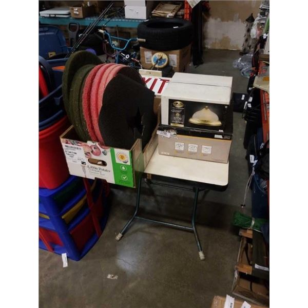 BOX OF POLISHING PADS, 3 LIGHT FIXTURES AND EXIT SIGN