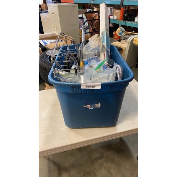 TOTE OF PLUMBING SUPPLIES AND ACCESSORIES