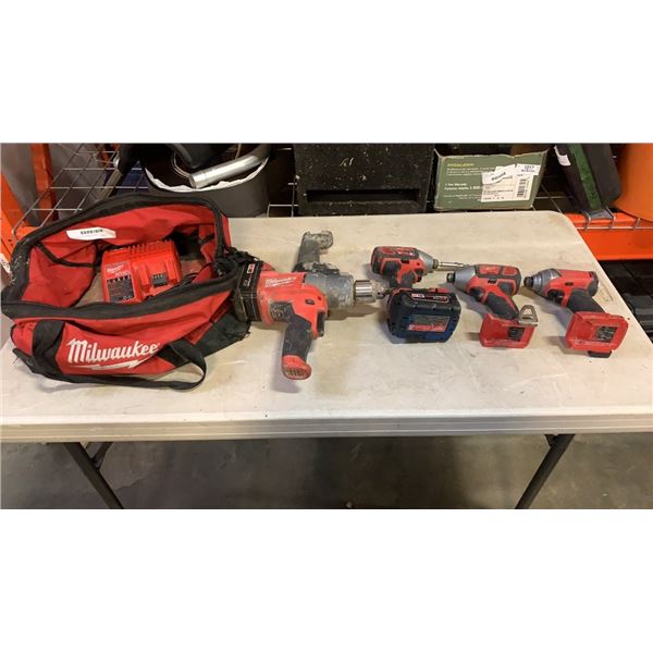 3 MILWAUKEE CORDLESS IMPACT DRIVERS ONE IS FUEL BRUSHLESS WITH CORDLESS MUD MIXER, 2 BATTERIES AND C