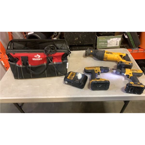 2 DEWALT 20V CORDLESS DCD771 2 SPEED LI-ION DRILLS WITH CORDLESS RECIPROCATING SAW 3 BATTERIES AND C