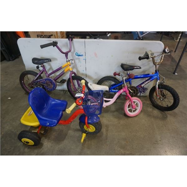 3 KIDS BIKES AND KETTLER TRICYCLE WITH RUBBER AIR FILLED TIRES